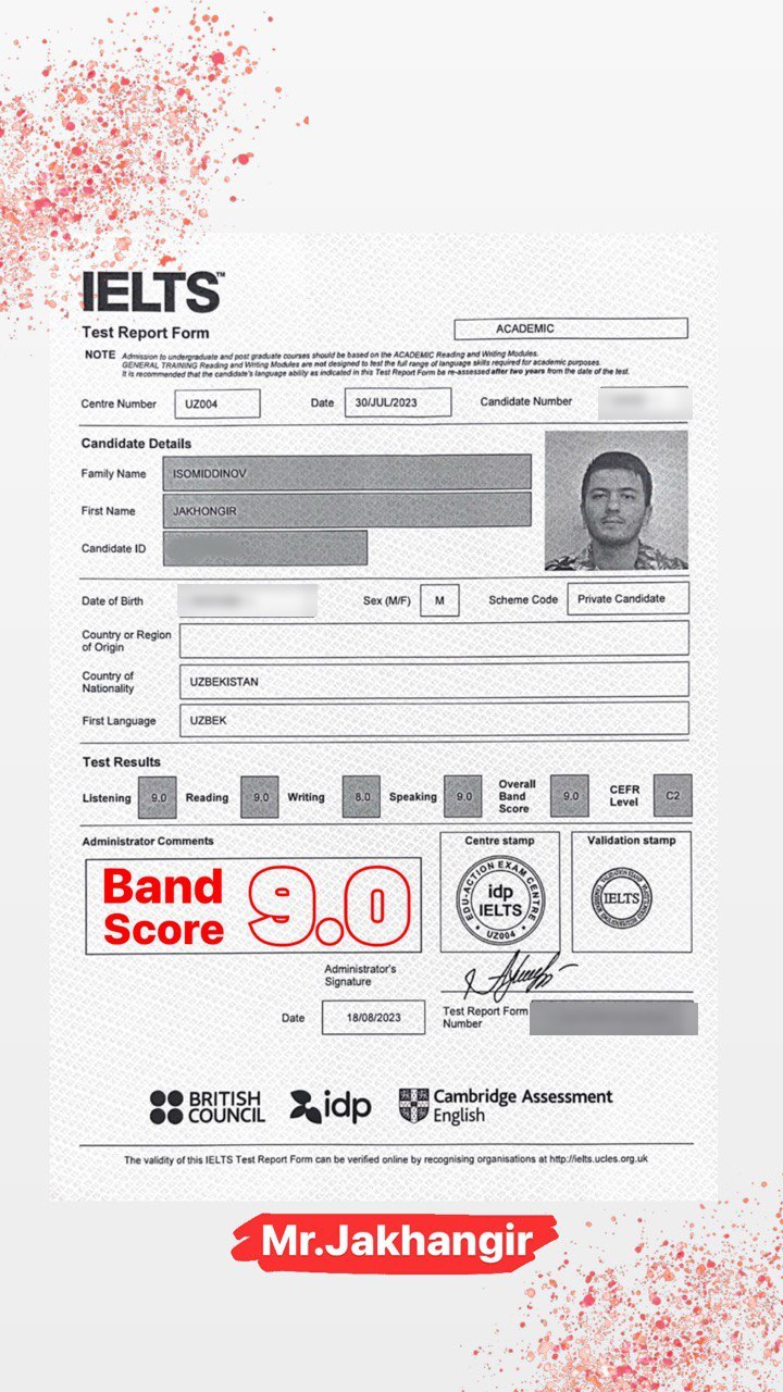 IELTS Test Report Form — Jahongir Isomiddinov, 2023