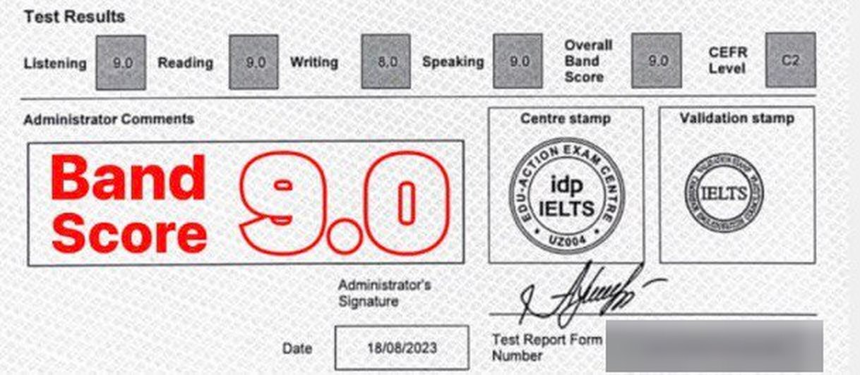 IELTS test results: Listening 9.0, Reading 9.0, Writing 8.0, Speaking 9.0, Overall 9.0